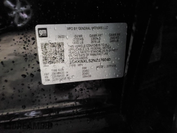 2022 GMC Acadia Denali with VIN 1GKKNXLS2NZ176040, listed as a Copart auction lot 46468355 with 86,075 mi miles and Salvage title. Bid and sale history available at DreamBid. Image 13.
