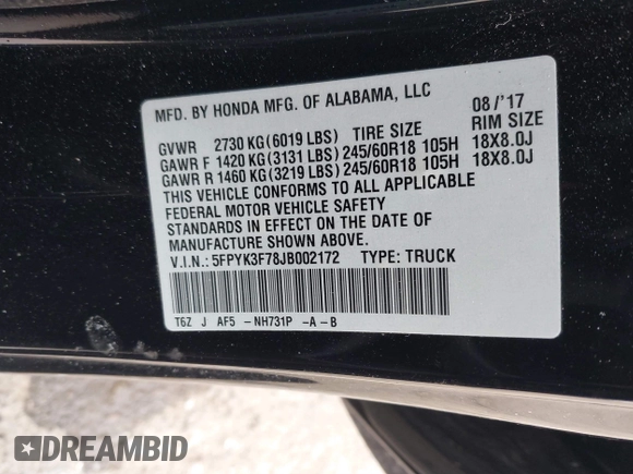 2018 Honda Ridgeline RTL-E z VIN 5FPYK3F78JB002172, wystawiony jako IAAI lot #41528764 z przebiegiem 64 566 mil mil oraz . Historia ofert i sprzedaży dostępna na DreamBid. Obrazek 9.