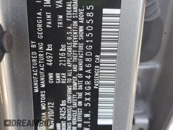 2013 Kia Optima SX with VIN 5XXGR4A68DG150585, listed as a Copart auction lot 50319635 with Not Provided miles and Non Repairable. Bid and sale history available at carsss.com. Image 12.