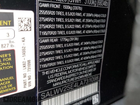 2020 Land Rover Range Rover Sport Autobiography z VIN SALWV2SE4LA731098, wystawiony jako Copart lot #53338135 z przebiegiem 73 605 mil mil oraz Szkoda całkowita • Salvage title. Historia ofert i sprzedaży dostępna na DreamBid. Obrazek 12.