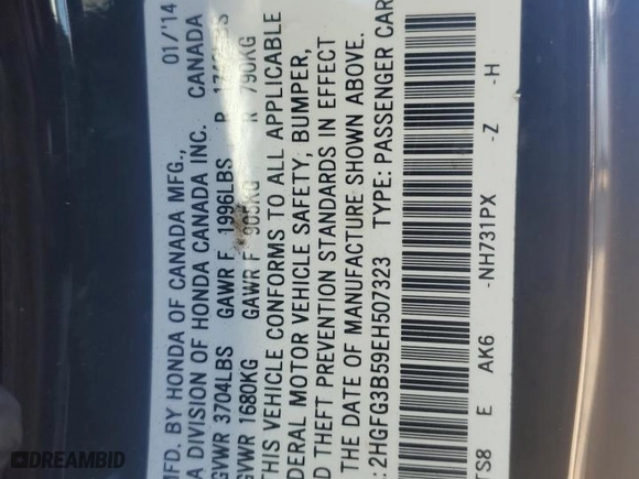 2014 Honda Civic Coupe LX with VIN 2HGFG3B59EH507323, listed as a Copart auction lot 83800164 with 0 mi miles and Salvage Title. Bid and sale history available at carsss.com. Image 12.