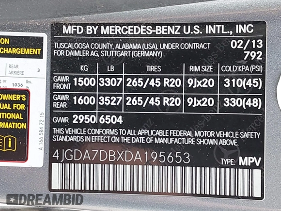 2013 Mercedes-Benz M 550 with VIN 4JGDA7DBXDA195653, listed as a IAAI auction lot 42261856 with 191,810 mi miles and . Bid and sale history available at DreamBid. Image 9.