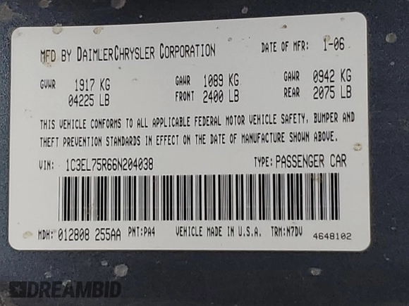2006 Chrysler Sebring GTC с VIN 1C3EL75R66N204038, выставлен на аукционе Copart как лот 59335865 с пробегом 124 614 миль миль и Списание • Salvage title. История ставок и продаж доступна на DreamBid. Изображение 13.
