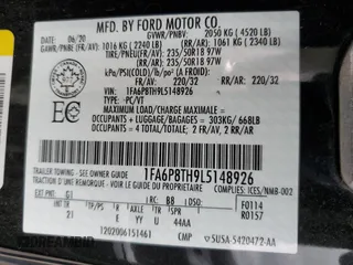 2020 Ford Mustang EcoBoost with VIN 1FA6P8TH9L5148926, listed as a Copart auction lot 58196834 with Not Provided miles and Salvage Title. Bid and sale history available at carsss.com. Image 12.