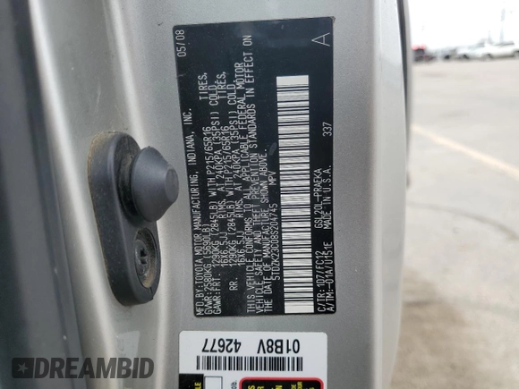 2008 Toyota Sienna CE z VIN 5TDZK23C08S204745, wystawiony jako Copart lot #55127115 z przebiegiem 241 118 mil mil oraz Szkoda całkowita • Salvage title. Historia ofert i sprzedaży dostępna na DreamBid. Obrazek 13.
