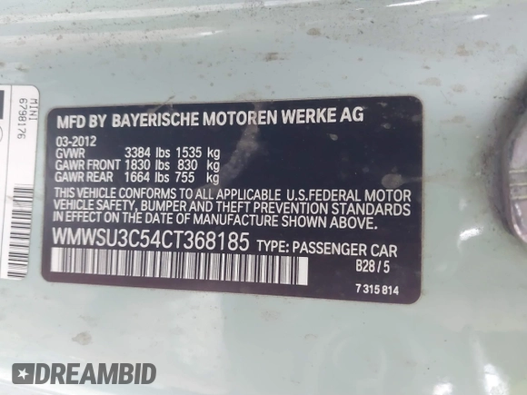 2012 MINI Hardtop with VIN WMWSU3C54CT368185, listed as a IAAI auction lot 41158353 with 139,694 mi miles and . Bid and sale history available at DreamBid. Image 9.