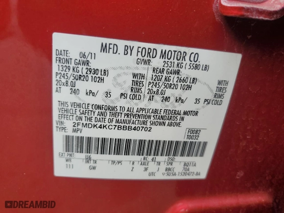 2011 Ford Edge Limited with VIN 2FMDK4KC7BBB40702, listed as a Copart auction lot 51693195 with 187,143 mi miles and Salvage Title. Bid and sale history available at carsss.com. Image 13.