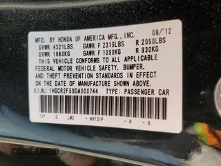 2013 Honda Accord Sport with VIN 1HGCR2F59DA000744, listed as a Copart auction lot 54780135 with 135,850 mi miles and Salvage Title. Bid and sale history available at DreamBid. Image 12.