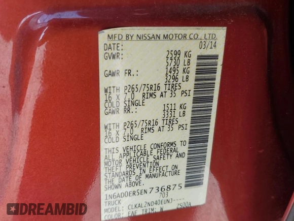2014 Nissan Frontier S with VIN 1N6AD0ER5EN736875, listed as a Copart auction lot 72071724 with 173,641 mi miles and Salvage title. Bid and sale history available at DreamBid. Image 14.