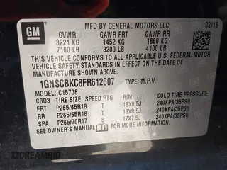 2015 Chevrolet Tahoe LT with VIN 1GNSCBKC8FR612607, listed as a IAAI auction lot 42099907 with 138,037 mi miles and . Bid and sale history available at DreamBid. Image 9.