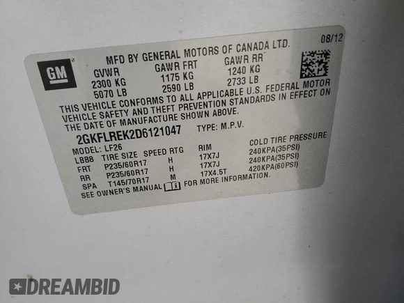 2013 GMC Terrain SLE with VIN 2GKFLREK2D6121047, listed as a Copart auction lot 46940635 with 138,988 mi miles and Clean Title. Bid and sale history available at carsss.com. Image 13.