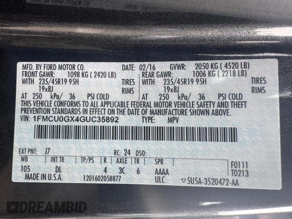 2016 Ford Escape SE z VIN 1FMCU0GX4GUC35892, wystawiony jako Copart lot #56607995 z przebiegiem 55 768 mil mil oraz Nie do naprawy • Non repairable. Historia ofert i sprzedaży dostępna na DreamBid. Obrazek 15.