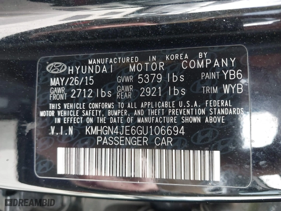 2016 Hyundai Genesis 3.8L with VIN KMHGN4JE6GU106694, listed as a IAAI auction lot 41865148 with 161,659 mi miles. Bid and sale history available at carsss.com. Image 9.