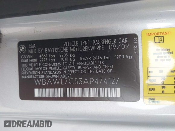 2010 BMW 3 Series 335i with VIN WBAWL7C53AP474127, listed as a IAAI auction lot 41871518 with 111,136 mi miles. Bid and sale history available at carsss.com. Image 9.