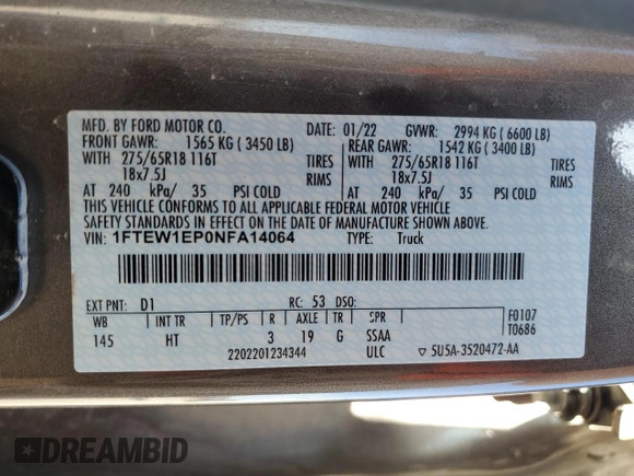 2022 Ford F-150 XL z VIN 1FTEW1EP0NFA14064, wystawiony jako Copart lot #53957515 z przebiegiem 58 918 mil mil oraz Szkoda całkowita • Salvage title. Historia ofert i sprzedaży dostępna na DreamBid. Obrazek 12.