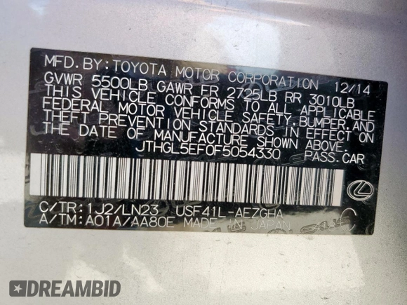 2015 Lexus LS 460 L with VIN JTHGL5EF0F5054330, listed as a Copart auction lot 58452815 with 112,170 mi miles and Salvage title. Bid and sale history available at DreamBid. Image 13.