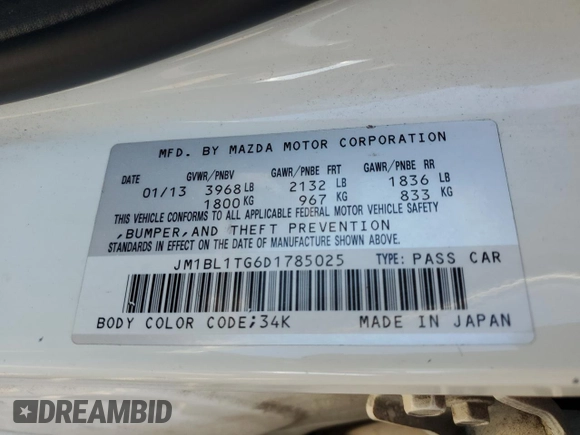 2013 Mazda 3 i SV with VIN JM1BL1TG6D1785025, listed as a Copart auction lot 56279915 with 134,544 mi miles and Salvage title. Bid and sale history available at DreamBid. Image 12.