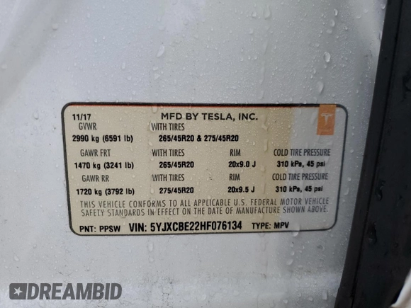 2017 Tesla Model X 90D z VIN 5YJXCBE22HF076134, wystawiony jako Copart lot #41828555 z przebiegiem 214 443 mil mil oraz Szkody całkowita. Historia ofert i sprzedaży dostępna na DreamBid. Obrazek 14.