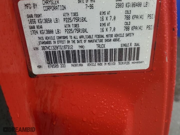 1996 Dodge Ram 1500 with VIN 3B7HC13Z0TG197312, listed as a Copart auction lot 86183864 with 134,343 mi miles and Salvage Title. Bid and sale history available at carsss.com. Image 12.