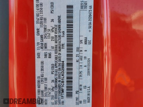 2020 Ford F-150 XL with VIN 1FTMF1CB1LKD29804, listed as a Copart auction lot 45671135 with 28,164 mi miles and Salvage Title. Bid and sale history available at carsss.com. Image 12.