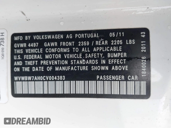 2012 Volkswagen Eos Komfort с VIN WVWBW7AH0CV004383, выставлен на аукционе IAAI как лот 42313494 с пробегом 121 597 миль миль и . История ставок и продаж доступна на DreamBid. Изображение 9.