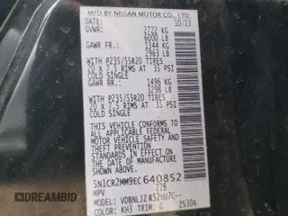 2014 Nissan Pathfinder Platinum Hybrid with VIN 5N1CR2MM9EC640852, listed as a Copart auction lot 58529935 with 70,162 mi miles and Clean title. Bid and sale history available at DreamBid. Image 13.