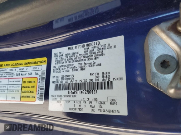 2016 Ford Mustang EcoBoost with VIN 1FA6P8THXG5209187, listed as a Copart auction lot 60477815 with 95,391 mi miles and Salvage title. Bid and sale history available at DreamBid. Image 12.