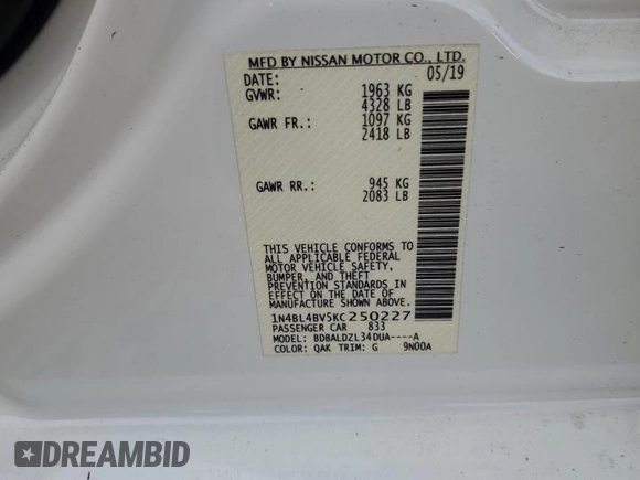 2019 Nissan Altima S with VIN 1N4BL4BV5KC250227, listed as a Copart auction lot 80327064 with Not Provided miles and Non Repairable. Bid and sale history available at DreamBid. Image 12.