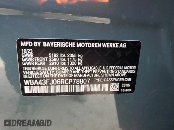 2024 BMW 5 Series 530i with VIN WBA43FJ06RCP78807, listed as a Copart auction lot 76187984 with 2,692 mi miles and Non Repairable. Bid and sale history available at carsss.com. Image 13.