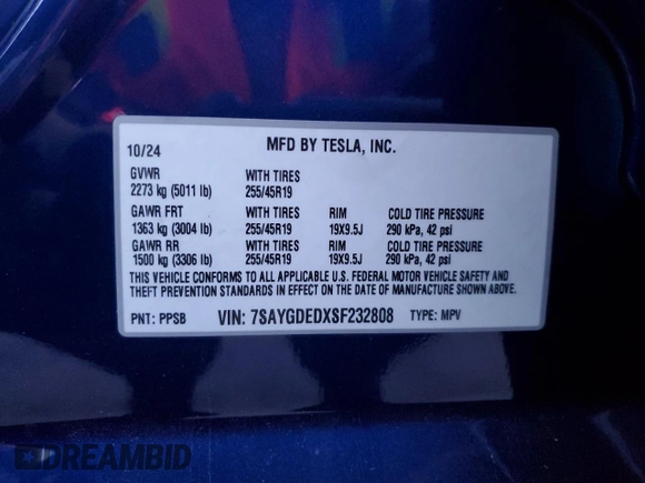 2025 Tesla Model Y Long Range with VIN 7SAYGDEDXSF232808, listed as a Copart auction lot 85647524 with 183 mi miles and Salvage Title. Bid and sale history available at DreamBid. Image 13.