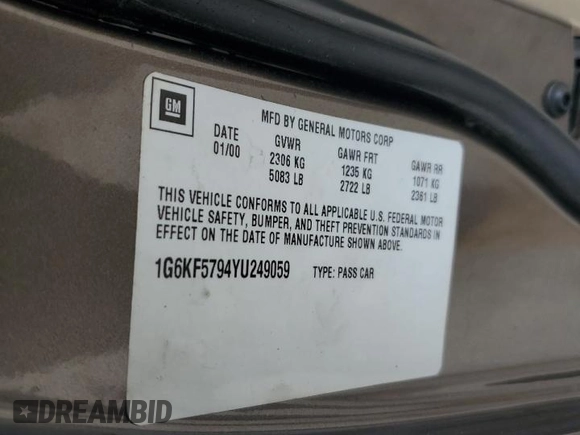 2000 Cadillac DeVille DTS z VIN 1G6KF5794YU249059, wystawiony jako Copart lot #71614494 z przebiegiem 121 611 mil mil oraz Szkoda całkowita • Salvage title. Historia ofert i sprzedaży dostępna na DreamBid. Obrazek 12.