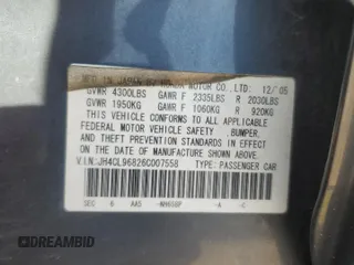 2006 Acura TSX z VIN JH4CL96826C007558, wystawiony jako Copart lot #57460605 z przebiegiem 159 808 mil mil oraz Szkoda całkowita • Salvage title. Historia ofert i sprzedaży dostępna na DreamBid. Obrazek 12.