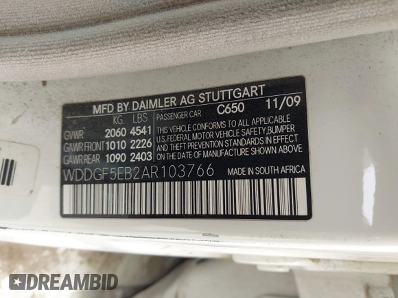 2010 Mercedes-Benz C 300 Sport with VIN WDDGF5EB2AR103766, listed as a IAAI auction lot 42607102 with 228,752 mi miles and . Bid and sale history available at DreamBid. Image 9.