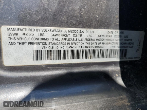 2006 Volkswagen Jetta 1.9L TDI with VIN 3VWST71K06M638552, listed as a Copart auction lot 55675875 with 255,095 mi miles and Salvage title. Bid and sale history available at DreamBid. Image 12.