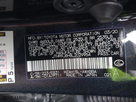2020 Lexus UX with VIN JTHR9JBH8L2029954, listed as a IAAI auction lot 41939048 with 79,703 mi miles. Bid and sale history available at carsss.com. Image 9.
