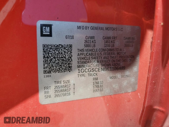 2019 Chevrolet Colorado 2WD LT with VIN 1GCGSCEN0K1106489, listed as a Copart auction lot 56963225 with 123,823 mi miles and Salvage title. Bid and sale history available at DreamBid. Image 12.