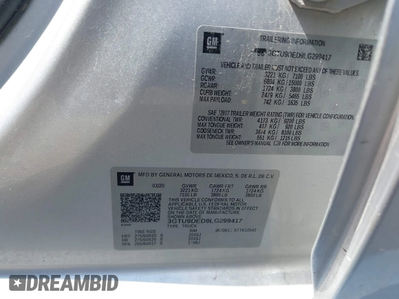 2020 GMC Sierra 1500 SLT z VIN 3GTU9DED9LG299417, wystawiony jako IAAI lot #42168562 z przebiegiem Nie podano mil oraz . Historia ofert i sprzedaży dostępna na DreamBid. Obrazek 9.
