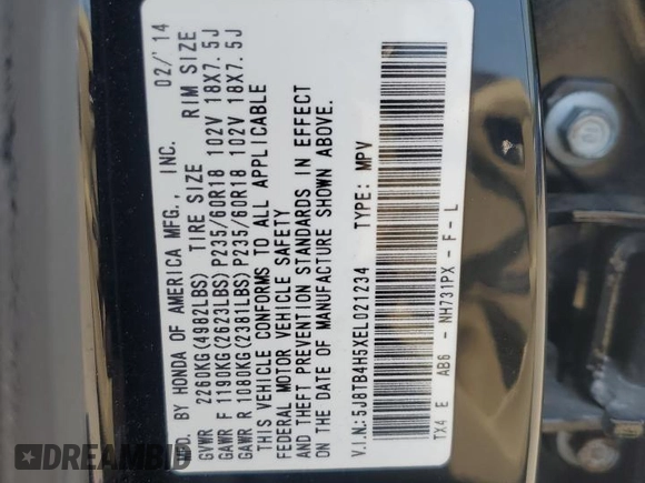 2014 Acura RDX Technology with VIN 5J8TB4H5XEL021234, listed as a Copart auction lot 58979175 with 122,369 mi miles and Salvage title. Bid and sale history available at DreamBid. Image 13.