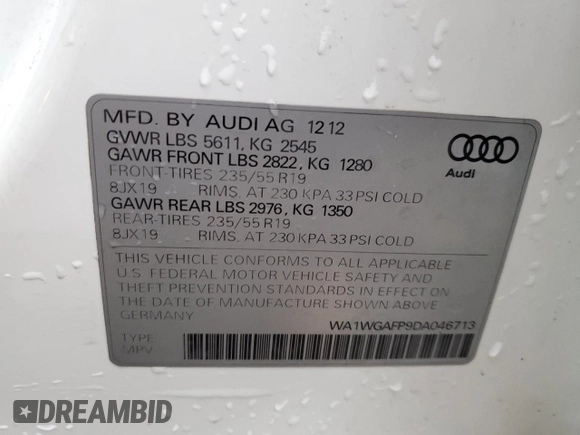2013 Audi Q5 Prestige with VIN WA1WGAFP9DA046713, listed as a Copart auction lot 65750934 with 173,711 mi miles and Salvage title. Bid and sale history available at DreamBid. Image 13.