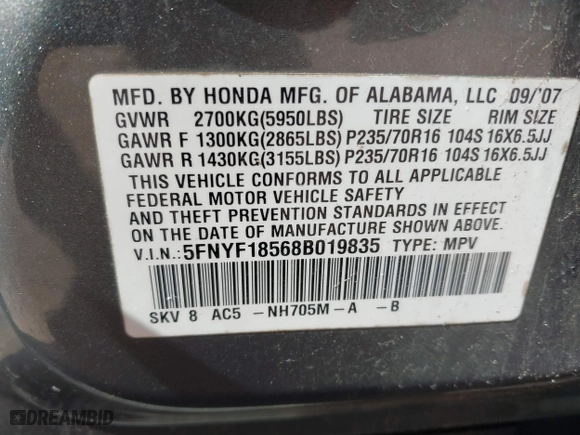 2008 Honda Pilot EX-L with VIN 5FNYF18568B019835, listed as a IAAI auction lot 41743260 with 150,027 mi miles. Bid and sale history available at carsss.com. Image 9.