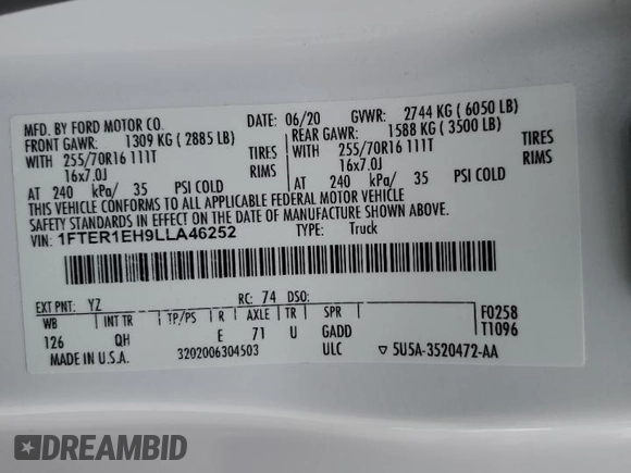 2020 Ford Ranger XL z VIN 1FTER1EH9LLA46252, wystawiony jako Copart lot #60669585 z przebiegiem 39 010 mil mil oraz Szkoda całkowita • Salvage title. Historia ofert i sprzedaży dostępna na DreamBid. Obrazek 12.
