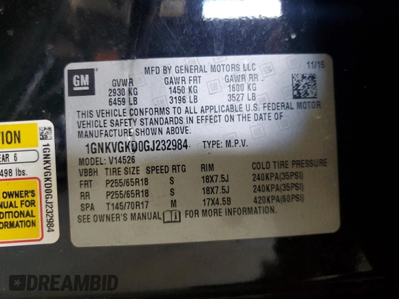 2016 Chevrolet Traverse LT with VIN 1GNKVGKD0GJ232984, listed as a Copart auction lot 66005755 with 114,614 mi miles and Clean title. Bid and sale history available at DreamBid. Image 13.