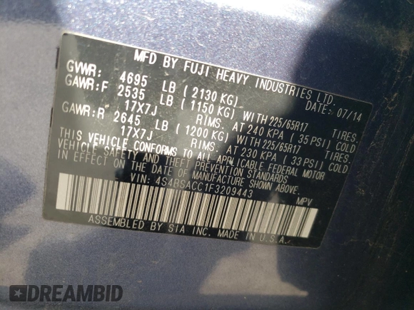 2015 Subaru Outback Premium z VIN 4S4BSACC1F3209443, wystawiony jako Copart lot #50454945 z przebiegiem Nie podano mil oraz Szkoda całkowita • Salvage title. Historia ofert i sprzedaży dostępna na DreamBid. Obrazek 15.