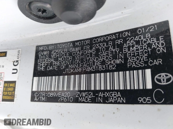 2021 Toyota Prius LE with VIN JTDKAMFP4M3183182, listed as a IAAI auction lot 41247715 with 46,673 mi miles and . Bid and sale history available at DreamBid. Image 9.