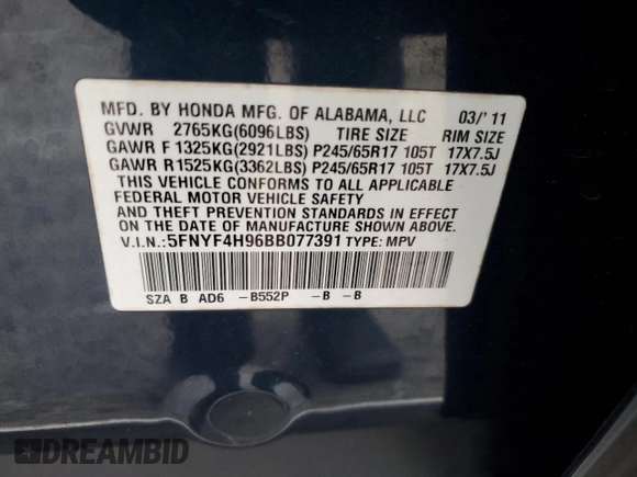 2011 Honda Pilot Touring with VIN 5FNYF4H96BB077391, listed as a Copart auction lot 41520315 with 196,291 mi miles and Salvage Title. Bid and sale history available at DreamBid. Image 15.