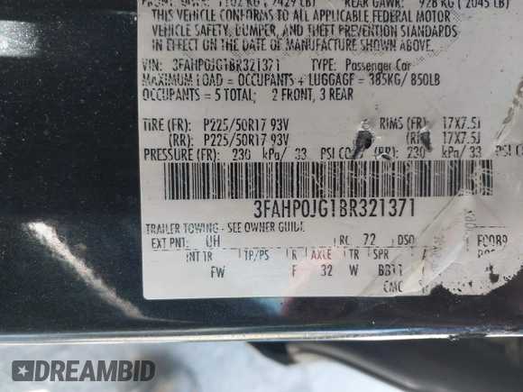 2011 Ford Fusion SEL with VIN 3FAHP0JG1BR321371, listed as a IAAI auction lot 41972555 with 155,027 mi miles. Bid and sale history available at carsss.com. Image 9.