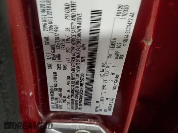 2014 Ford Escape SE с VIN 1FMCU0GX0EUB75736, выставлен на аукционе Copart как лот 57603105 с пробегом 86 480 миль миль и Списание • Salvage title. История ставок и продаж доступна на DreamBid. Изображение 14.
