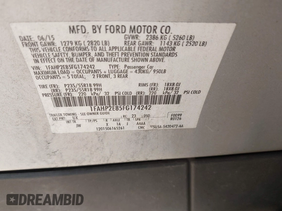 2015 Ford Taurus SEL with VIN 1FAHP2E85FG174242, listed as a IAAI auction lot 42407291 with 108,852 mi miles and . Bid and sale history available at DreamBid. Image 9.
