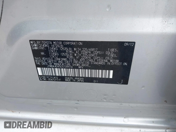2012 Toyota RAV4 Limited with VIN JTMDK4DV5C5109974, listed as a IAAI auction lot 42334441 with 190,260 mi miles and . Bid and sale history available at DreamBid. Image 9.