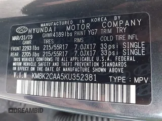 2019 Hyundai Kona SEL with VIN KM8K2CAA5KU352381, listed as a IAAI auction lot 41740117 with 57,044 mi miles and . Bid and sale history available at DreamBid. Image 9.